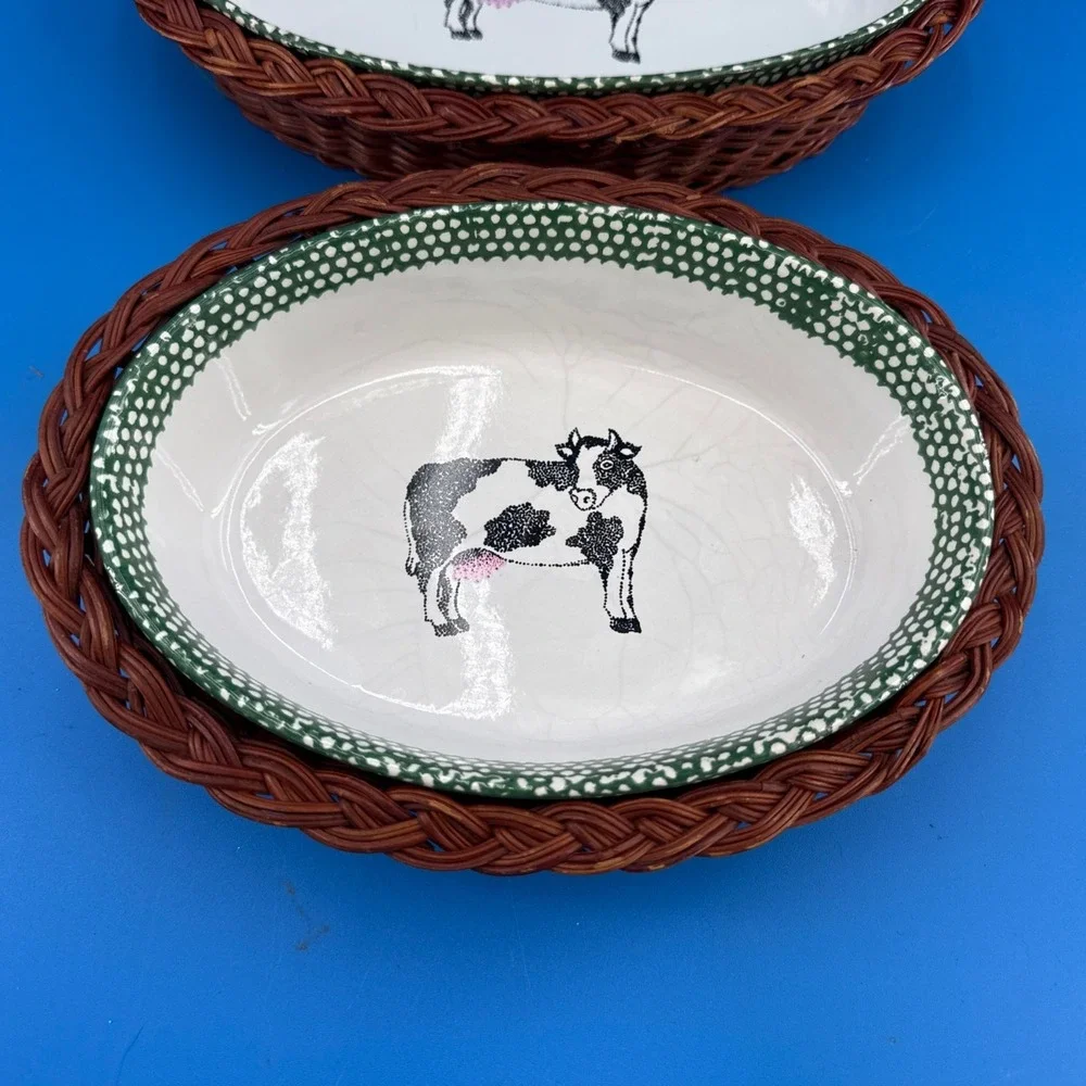 Vtg Teamson Baking Casserole Dish Oval Bowl Cow Art Farm Country 1995 W/baskets